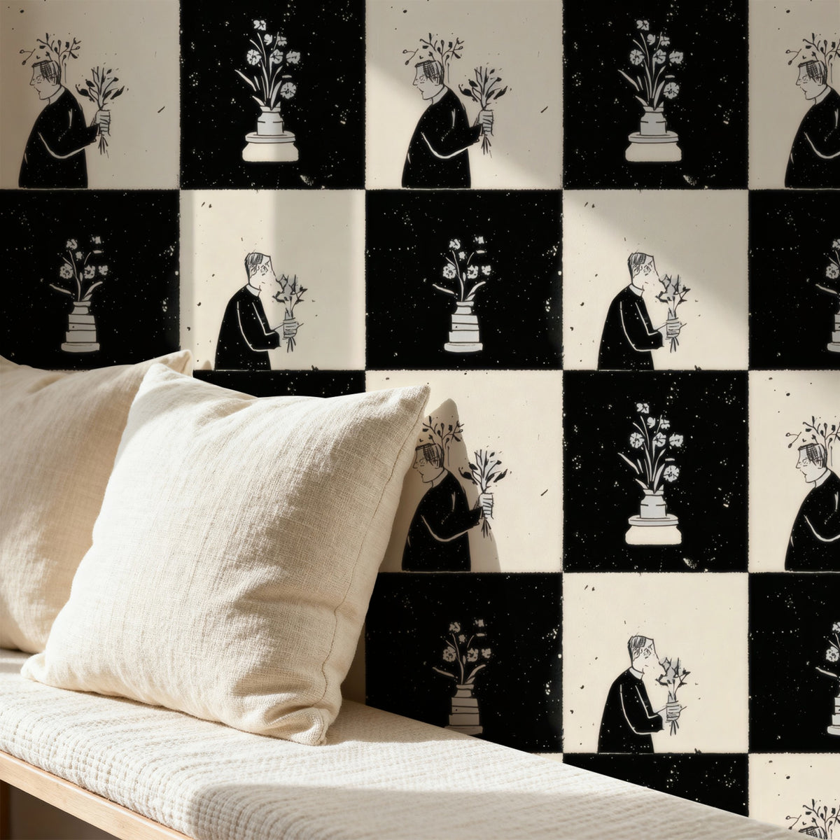 Checkerboard Bouquet large scale wallpaper in a styled room