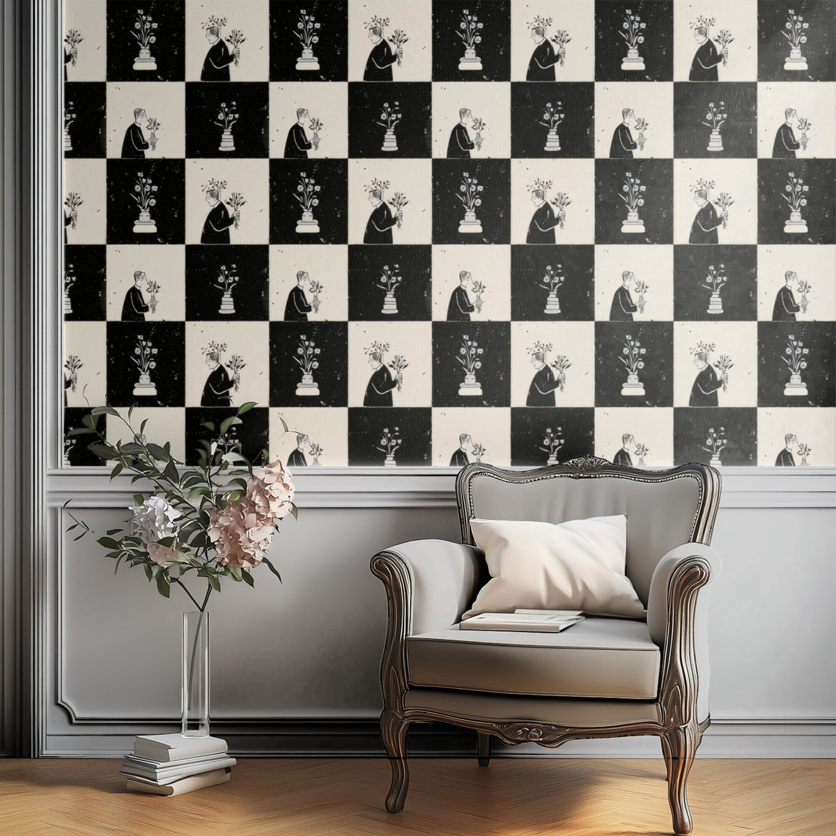Checkerboard Bouquet large scale wallpaper in a styled room