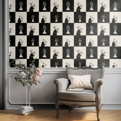 Checkerboard Bouquet large scale wallpaper in a styled room