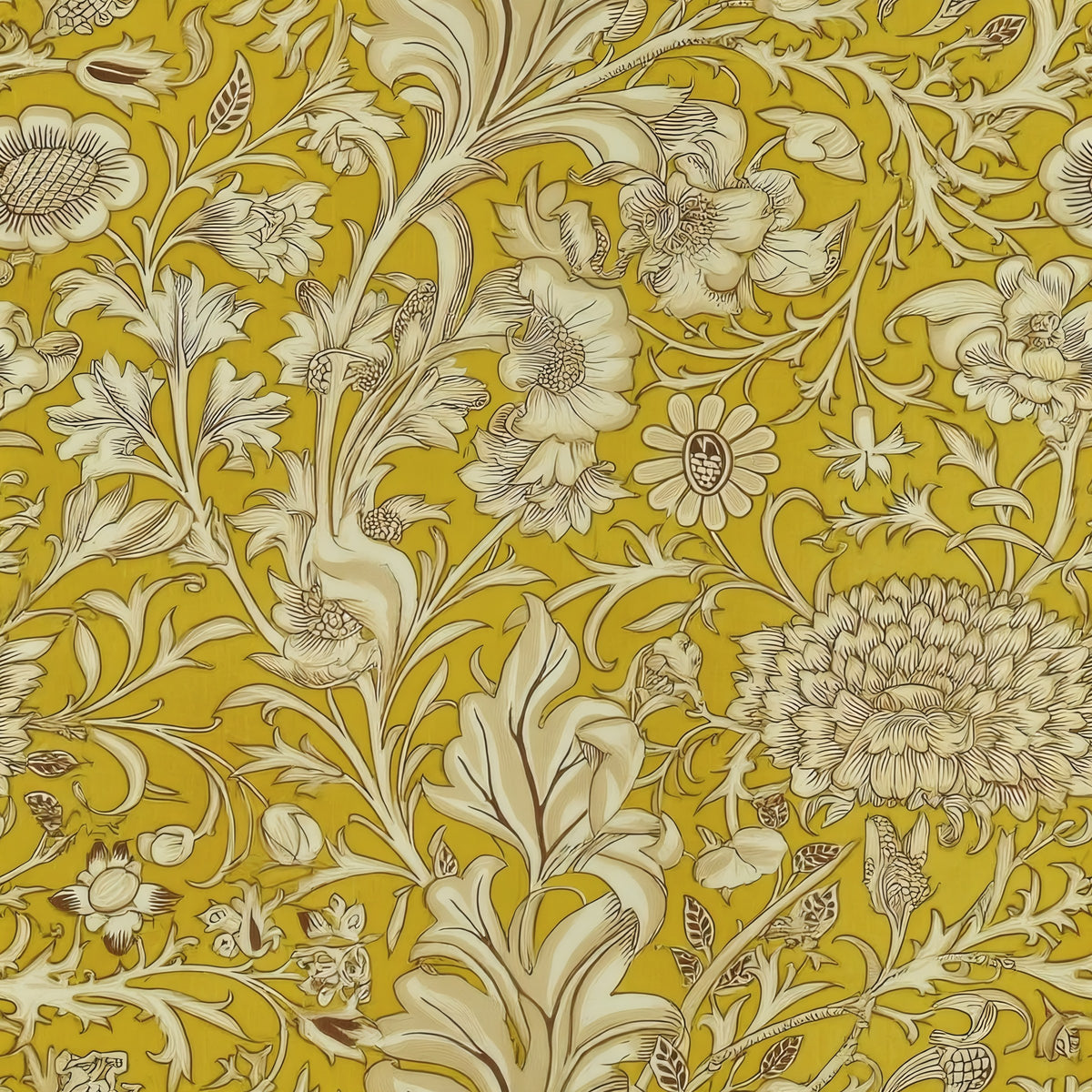 Pale cream flowers, leaves and plumes flow over a rich mustard-gold ground, a William Morris design.
