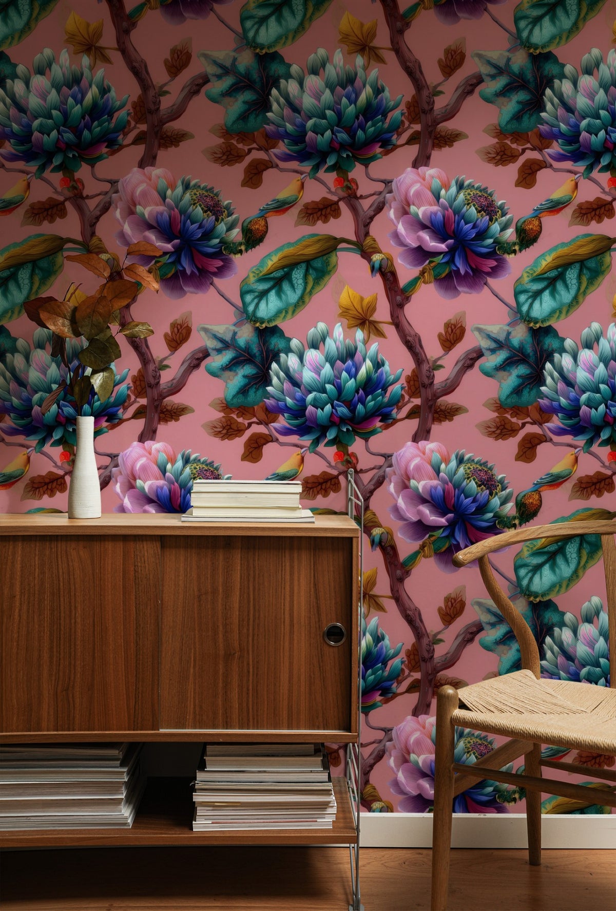 Chinoiserie Branch large scale wallpaper in a styled room