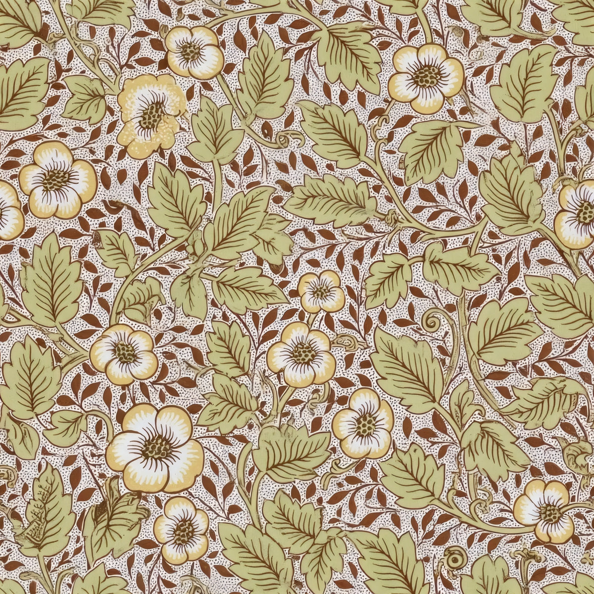 Cream wild roses and pale green leaves cover a small-scale ground of deep wine red, a William Morris design.