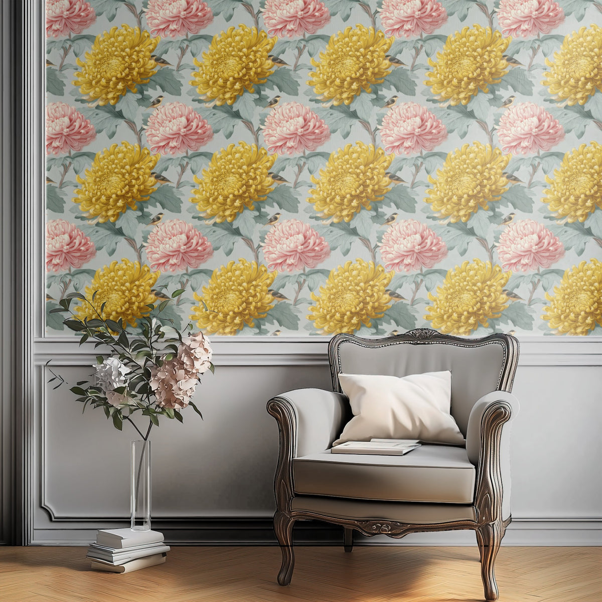 Chrysanthemum Perch large scale wallpaper in a styled room