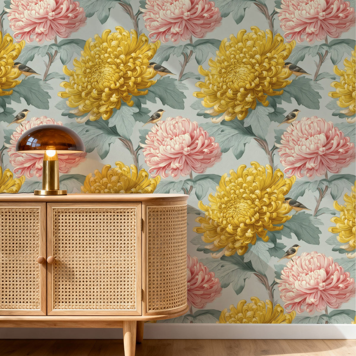 Chrysanthemum Perch large scale wallpaper in a styled room