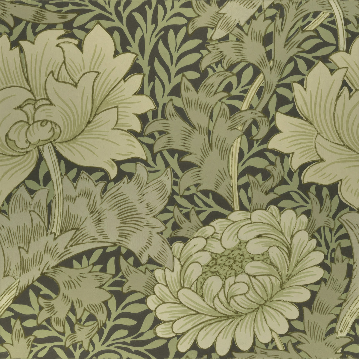 Large pale-olive chrysanthemum blooms and leaves over a dark sage foliage ground, a William Morris design.