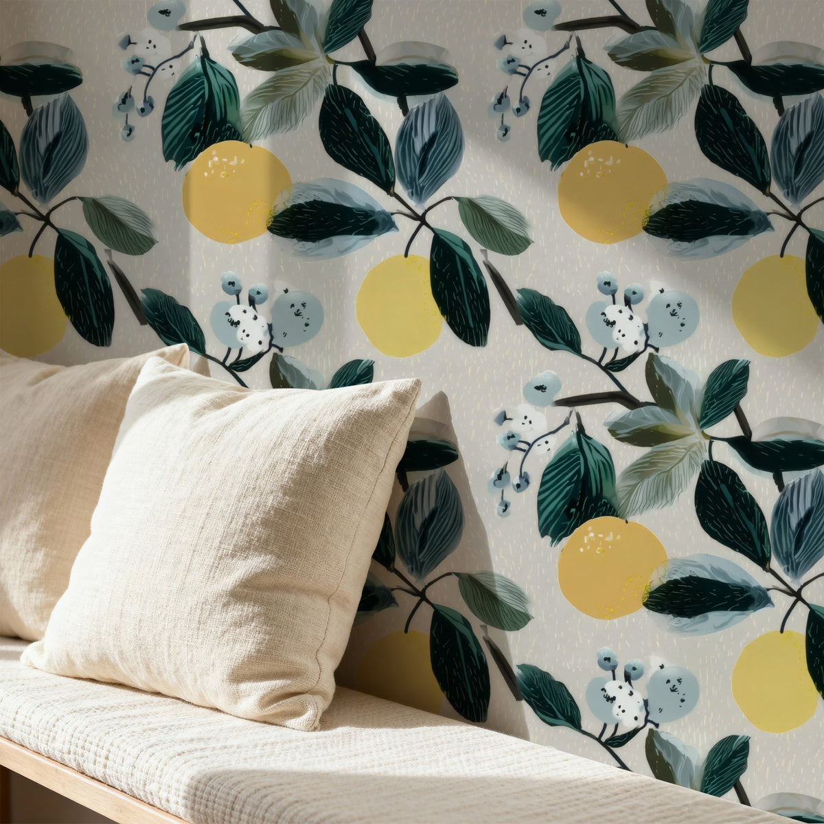 Citrus Bough large scale wallpaper in a styled room