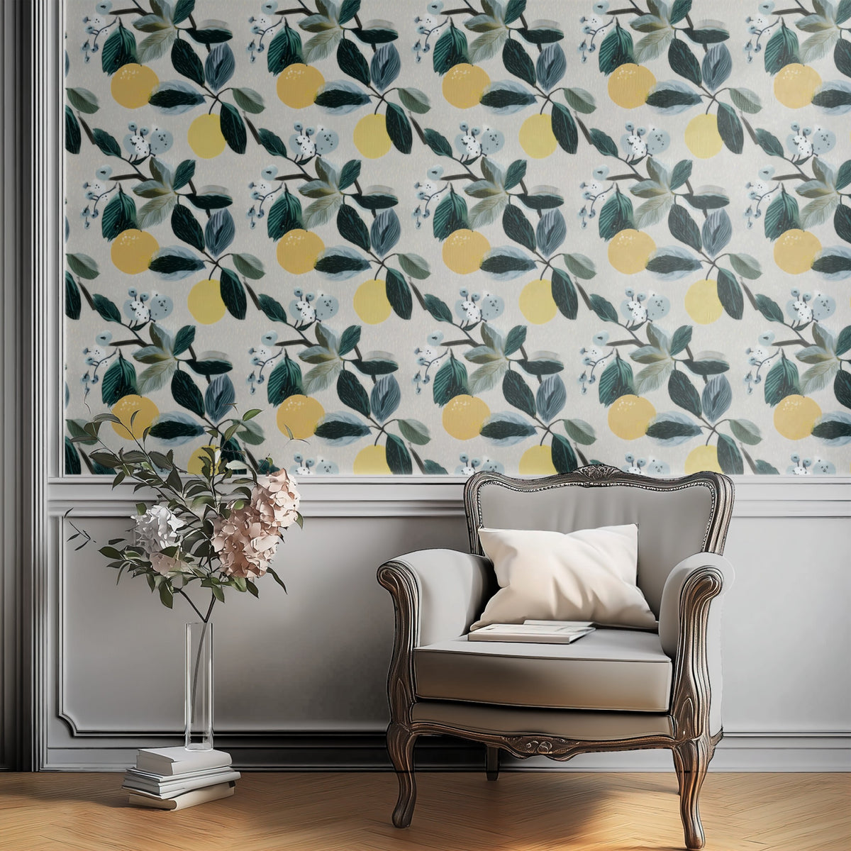 Citrus Bough large scale wallpaper in a styled room