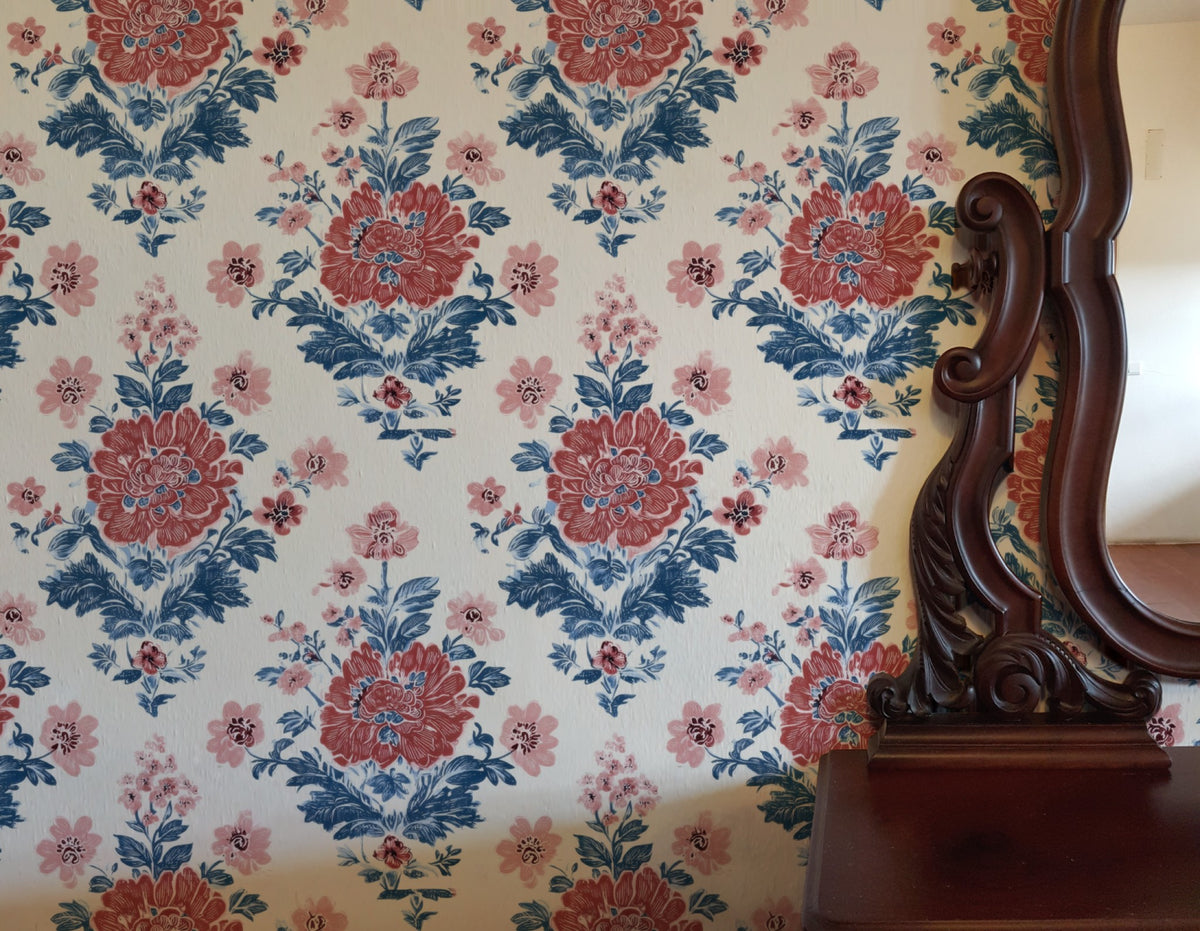 Claret Damask large scale wallpaper in a styled room