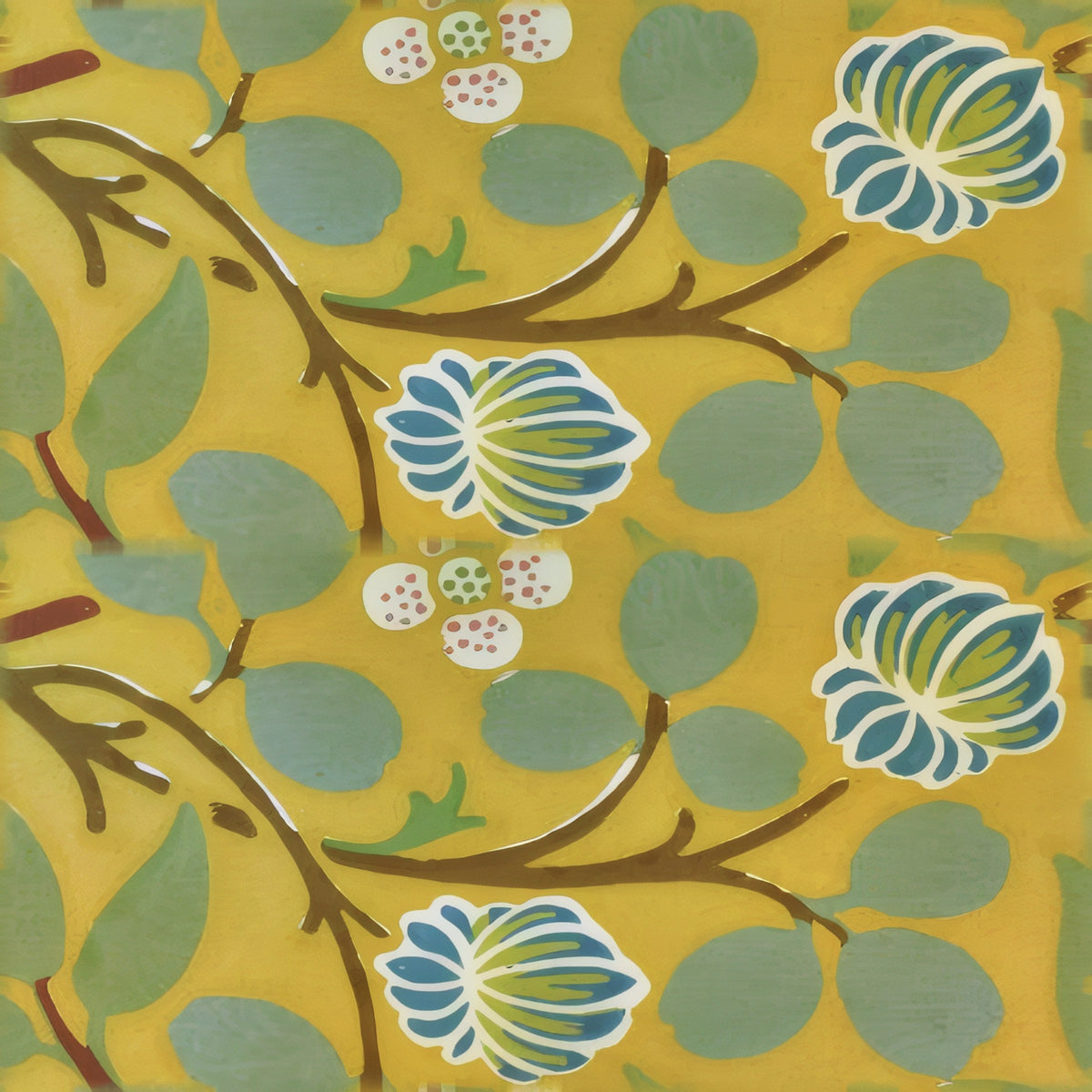 Blue-green clover leaves and striped flower heads on olive branches over a mustard ground, a William Morris design.