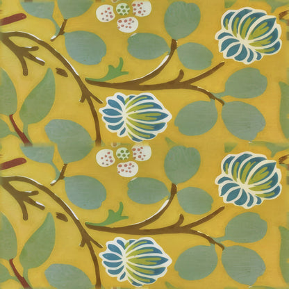 Blue-green clover leaves and striped flower heads on olive branches over a mustard ground, a William Morris design.