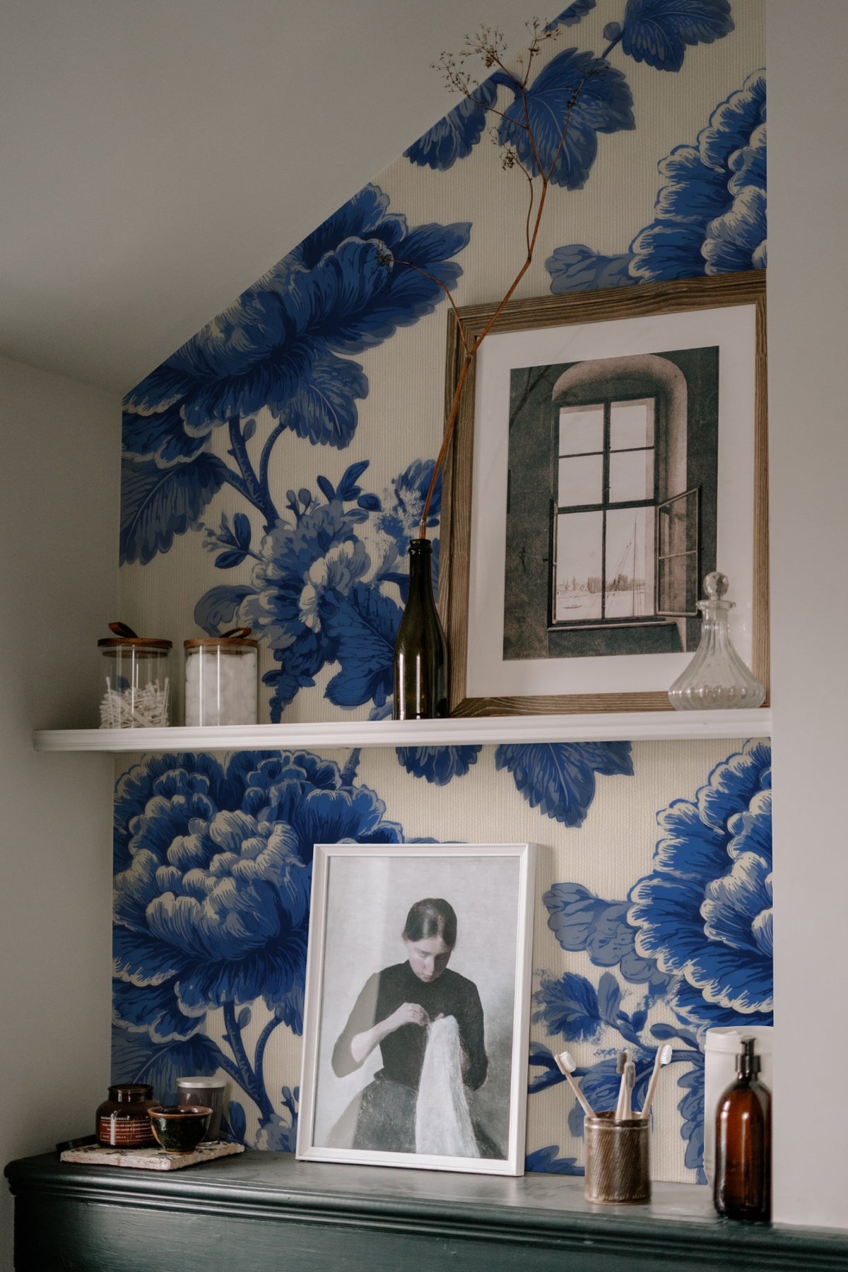 Cobalt Blossom large scale wallpaper in a styled room