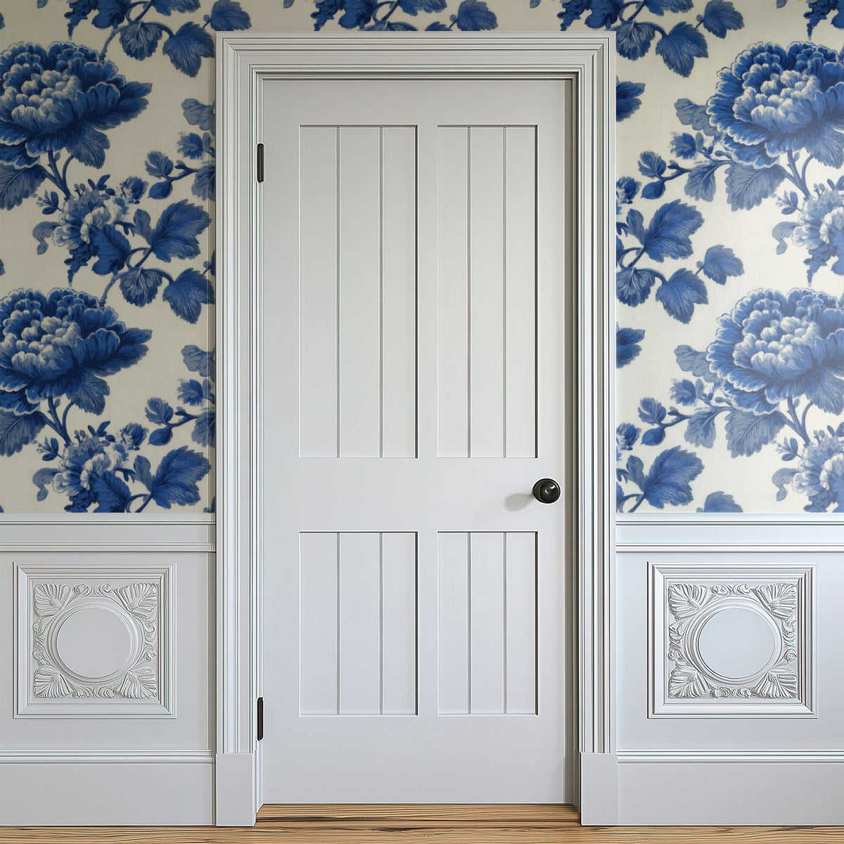 Cobalt Blossom large scale wallpaper in a styled room