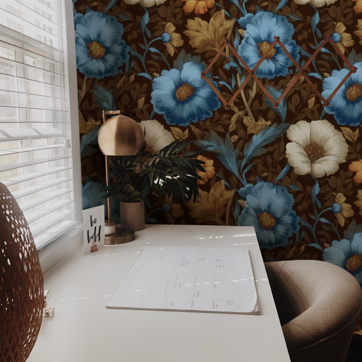 Cocoa Blooms large scale wallpaper in a styled room
