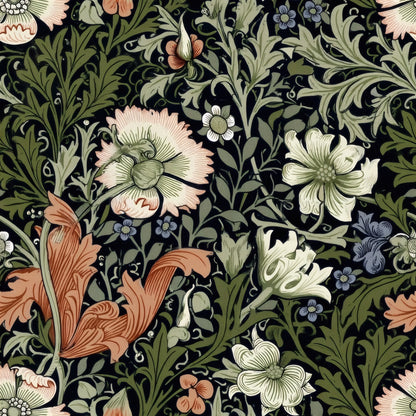 Pale poppies, rust acanthus and blue flowers bloom among green foliage on a deep black ground, a William Morris design.