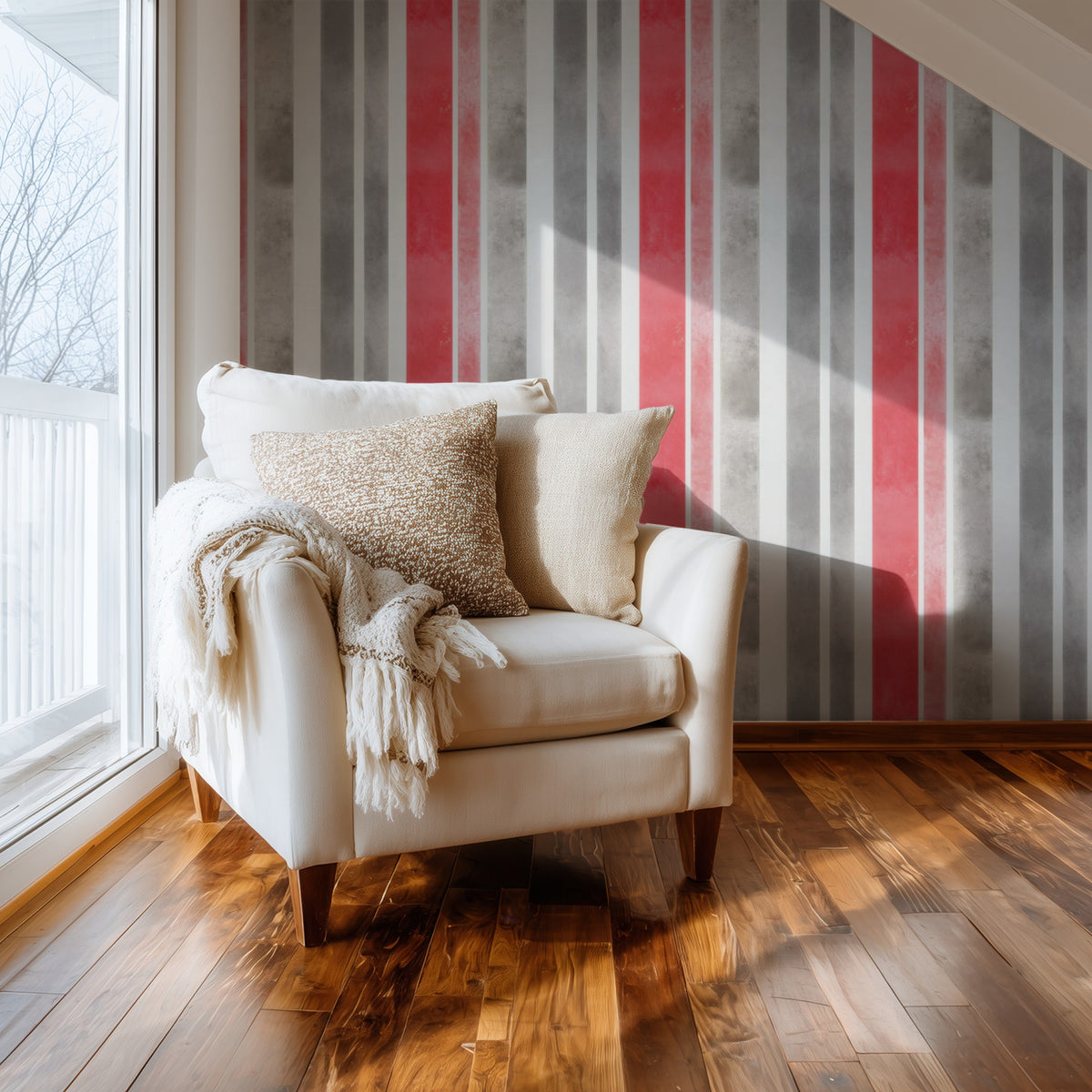 Concrete Stripes large scale wallpaper in a styled room