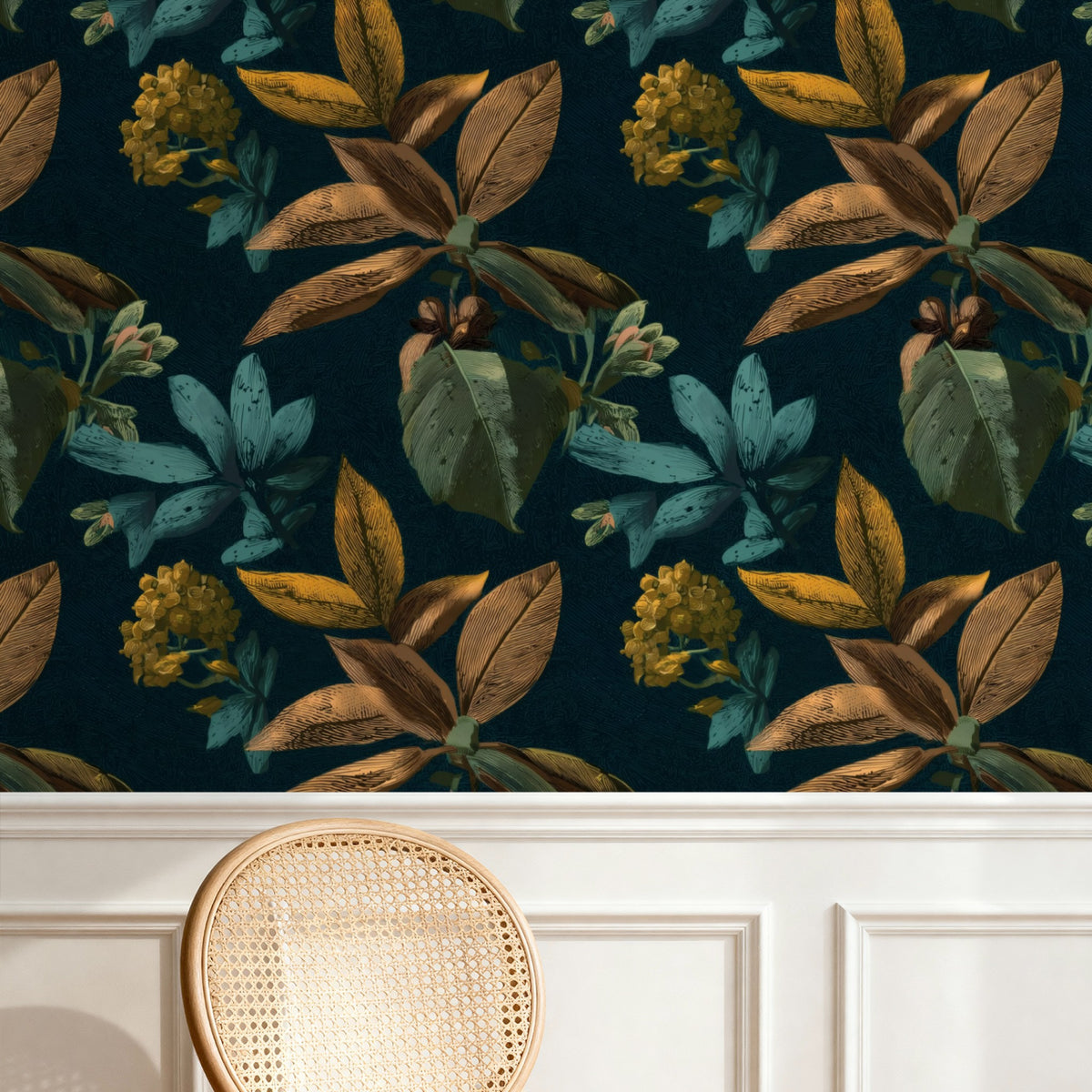 Copper Foliage large scale wallpaper in a styled room