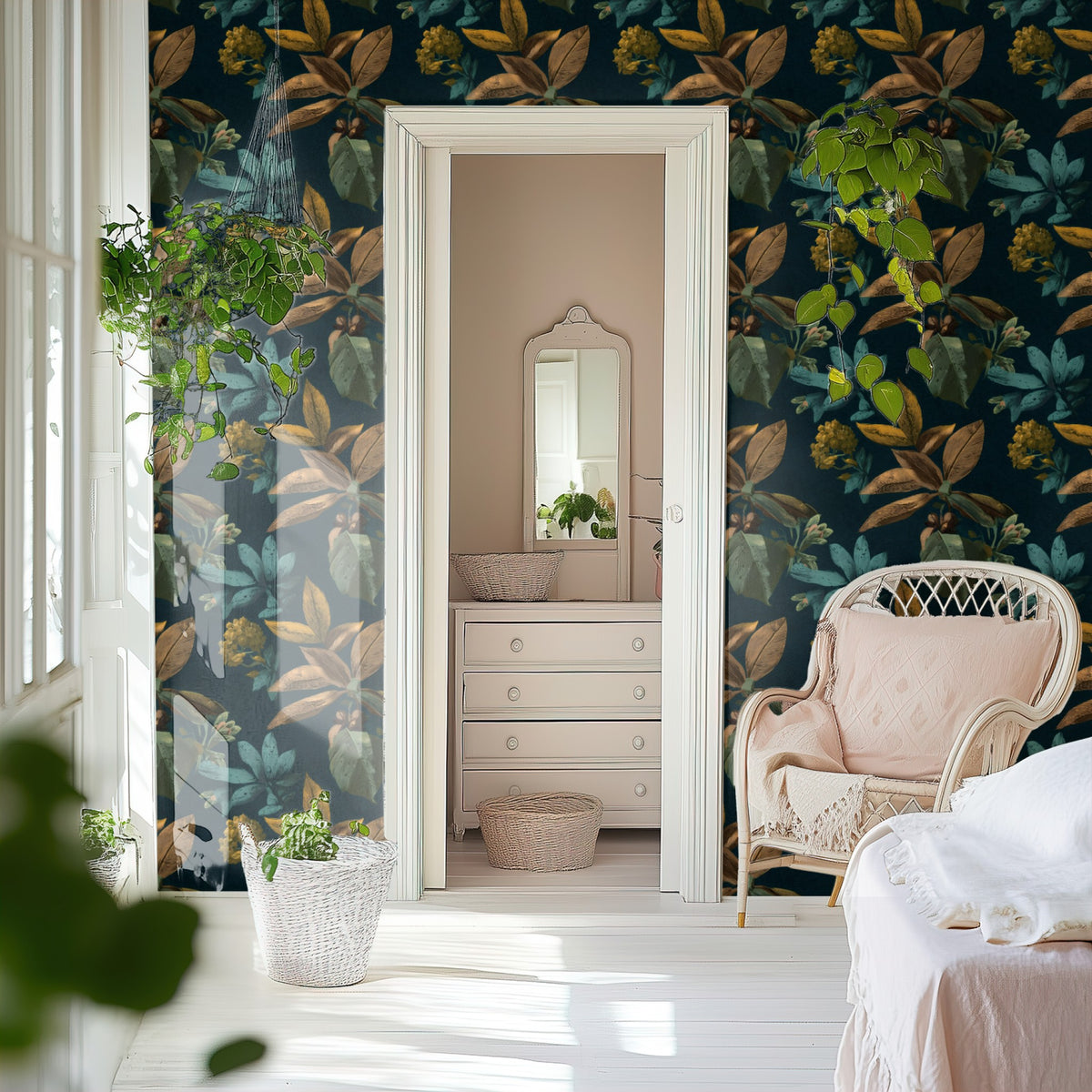 Copper Foliage large scale wallpaper in a styled room