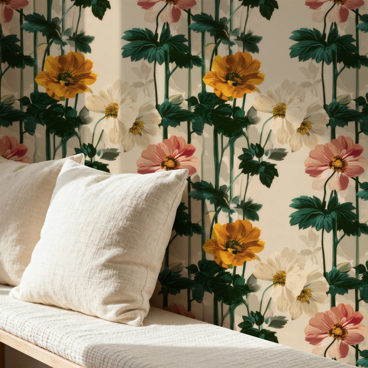 Coral Anemone large scale wallpaper in a styled room