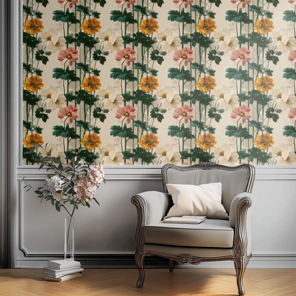 Coral Anemone large scale wallpaper in a styled room