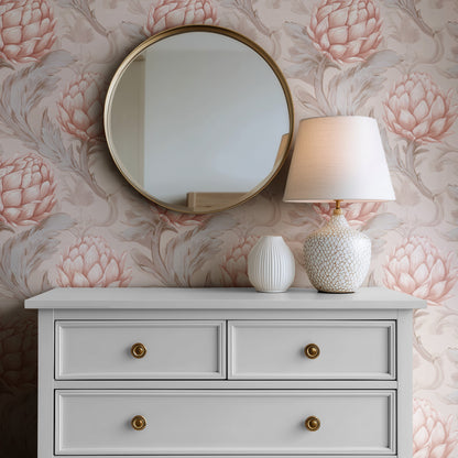 Coral Artichoke large scale wallpaper in a styled room