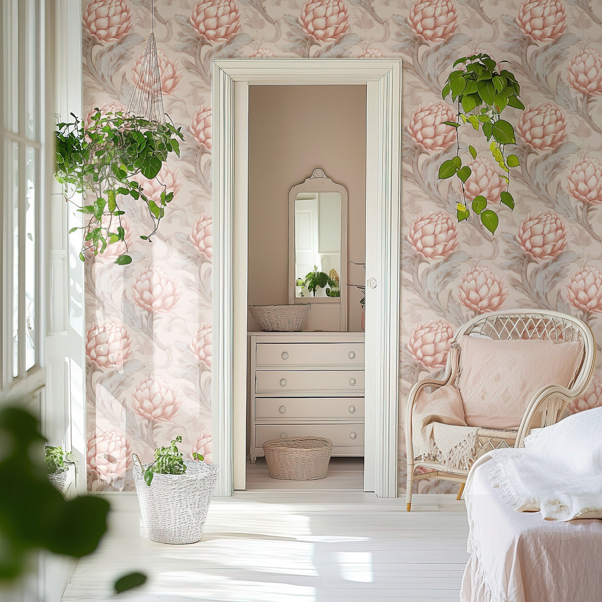 Coral Artichoke large scale wallpaper in a styled room