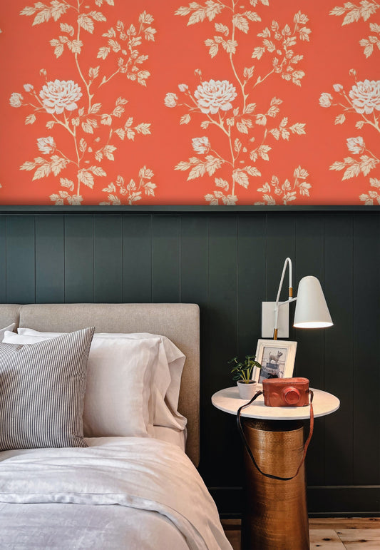 Coral Blossom large scale wallpaper in a styled room