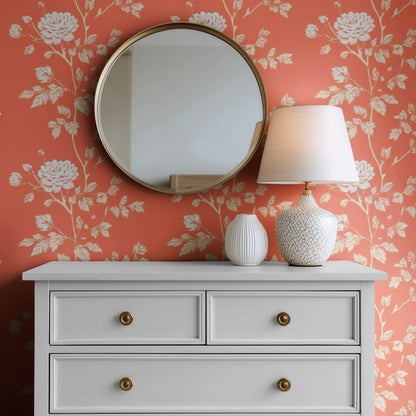 Coral Blossom large scale wallpaper in a styled room