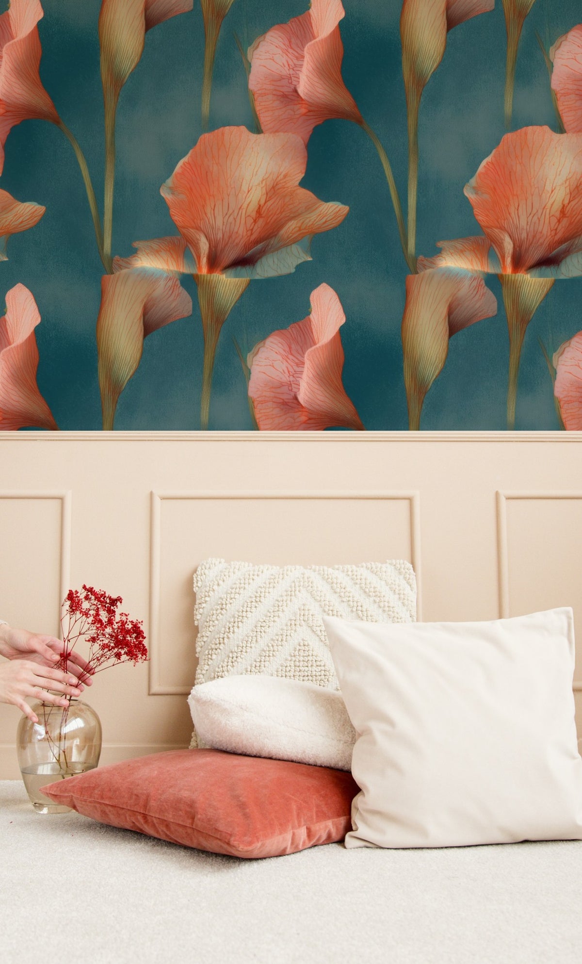 Coral Calla large scale wallpaper in a styled room