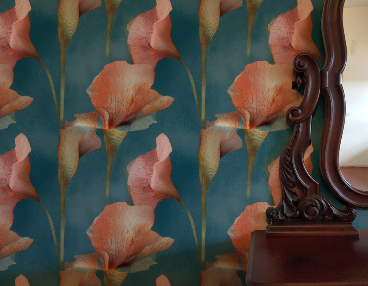 Coral Calla large scale wallpaper in a styled room