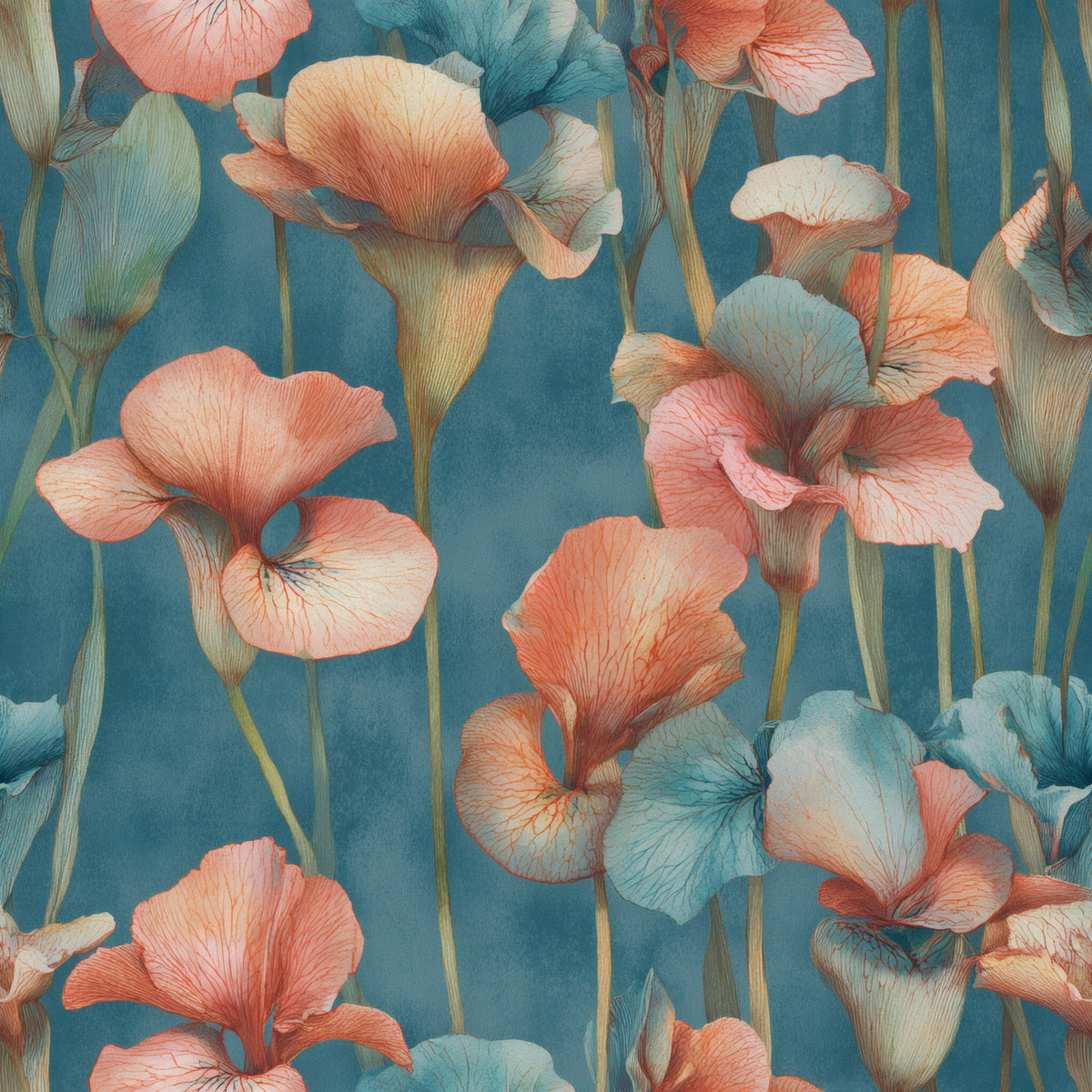 Coral and peach watercolour calla lilies on tall stems over deep teal.