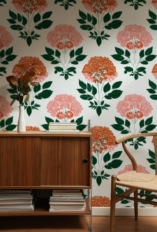 Coral Hydrangea large scale wallpaper in a styled room