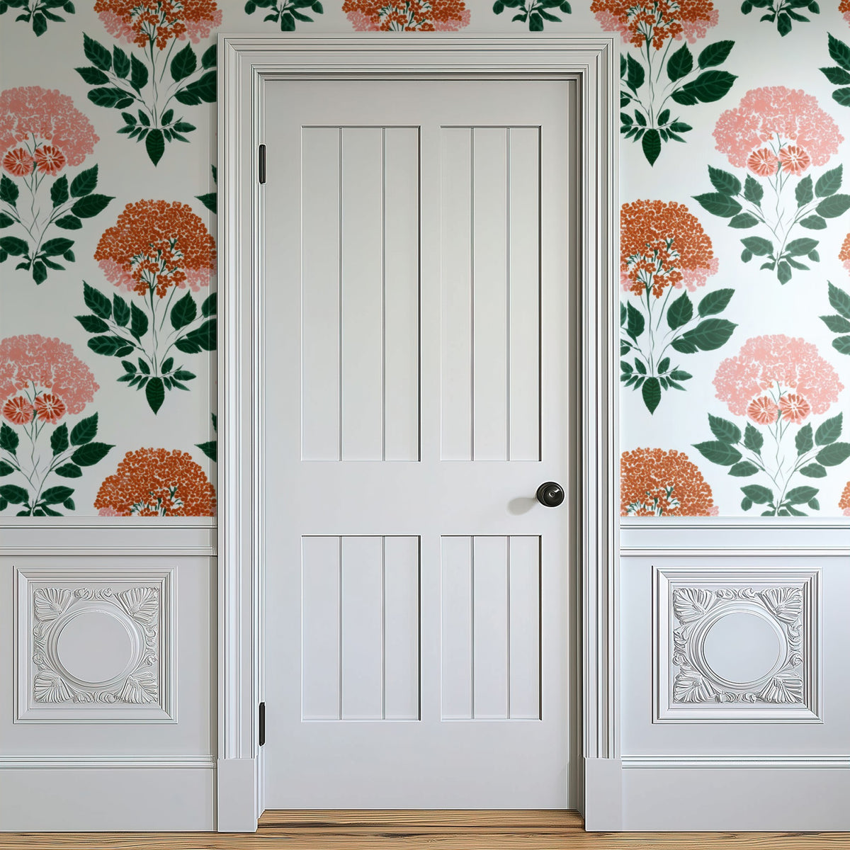 Coral Hydrangea large scale wallpaper in a styled room