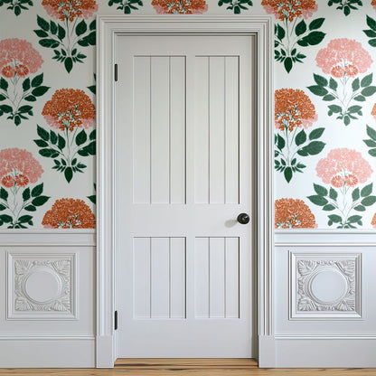 Coral Hydrangea large scale wallpaper in a styled room