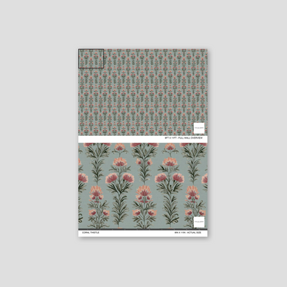 Coral Thistle floral wallpaper with coral and pink thistles on sage background