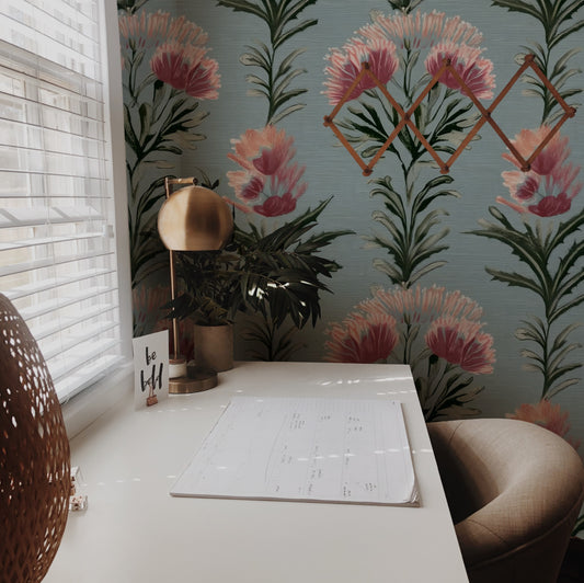 Coral Thistle large scale wallpaper in a styled room