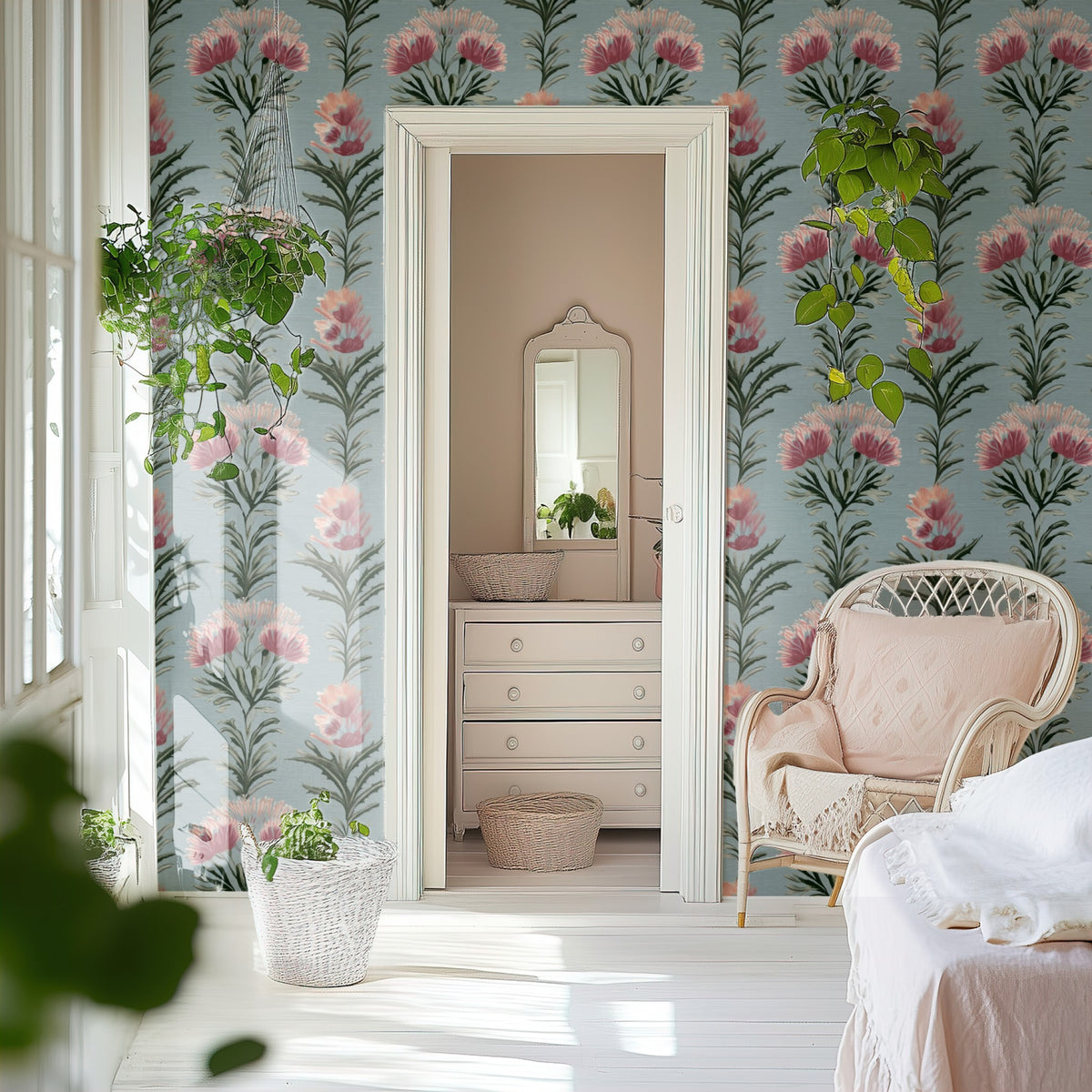 Coral Thistle large scale wallpaper in a styled room