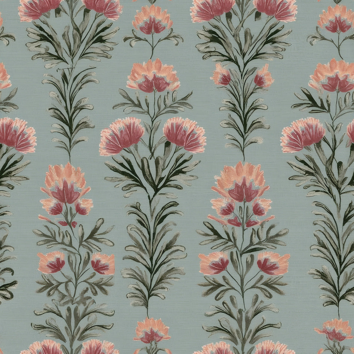 Coral Thistle floral wallpaper with coral and pink thistles on sage background