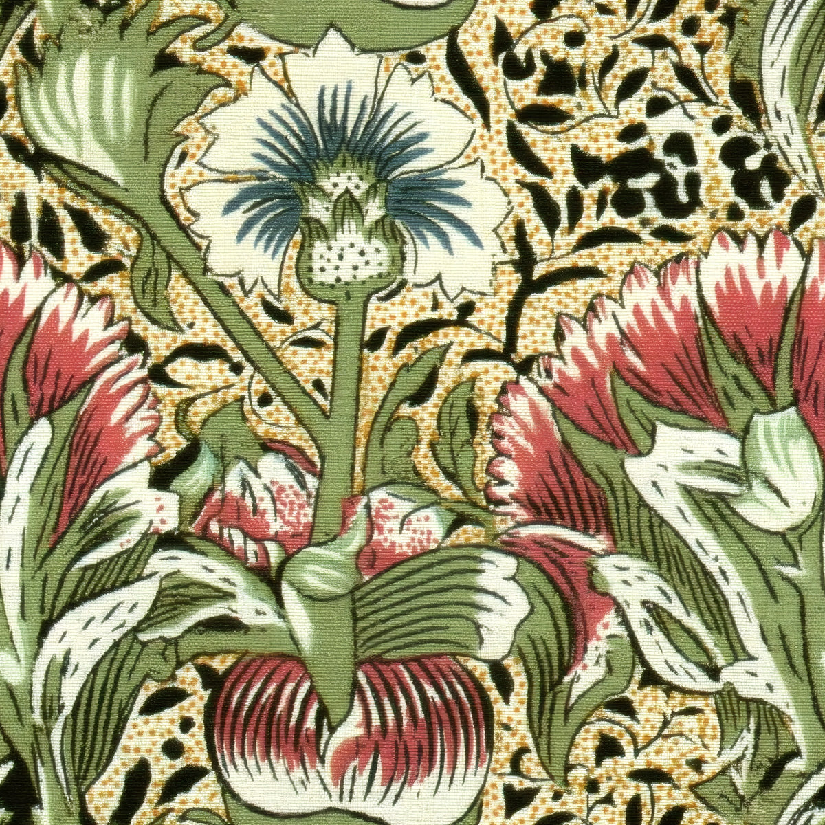 Large crimson and green corncockle flowers and spiky blue thistles rise from tall leaves on an ivory and black ground, a William Morris design.