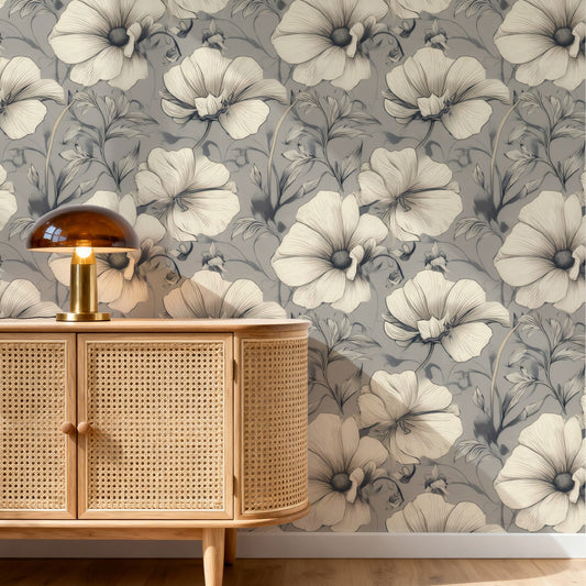 Cream Cosmos large scale wallpaper in a styled room