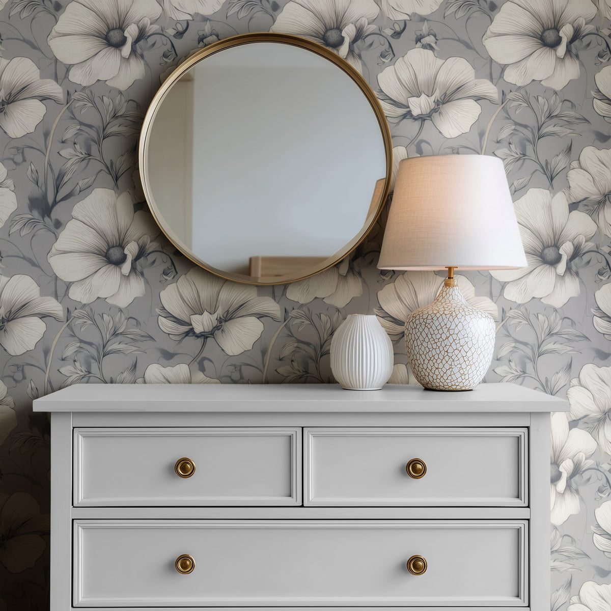 Cream Cosmos large scale wallpaper in a styled room