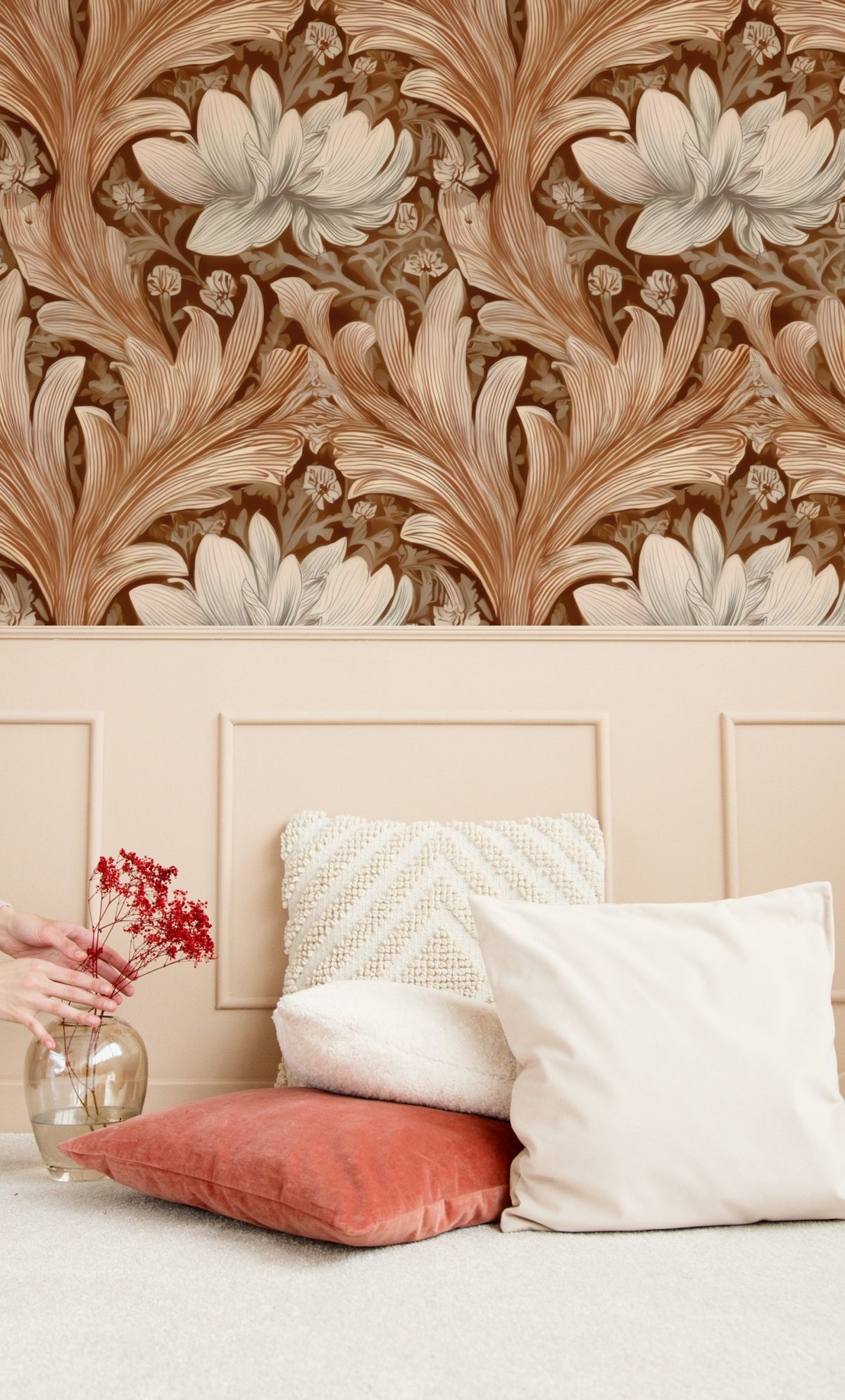 Cream Damask large scale wallpaper in a styled room