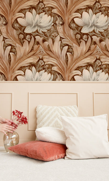 Cream Damask large scale wallpaper in a styled room