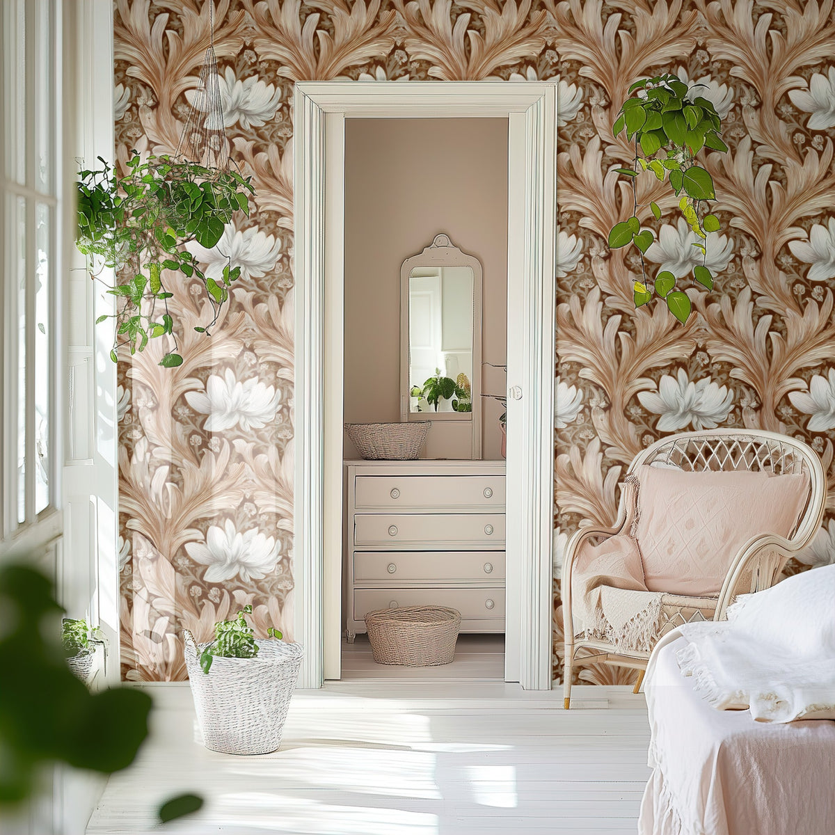 Cream Damask large scale wallpaper in a styled room