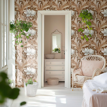 Cream Damask large scale wallpaper in a styled room
