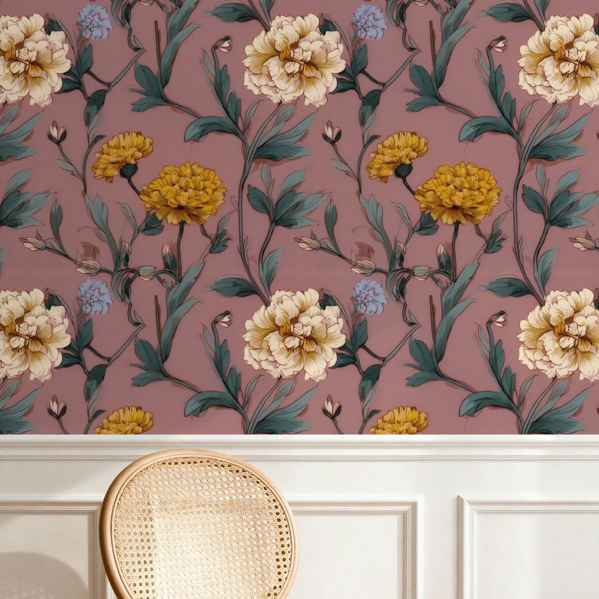 Cream Marigold large scale wallpaper in a styled room