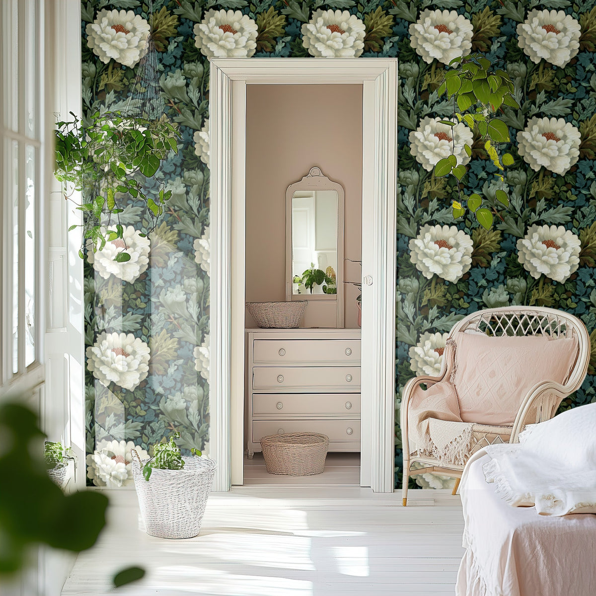 Cream Peony large scale wallpaper in a styled room