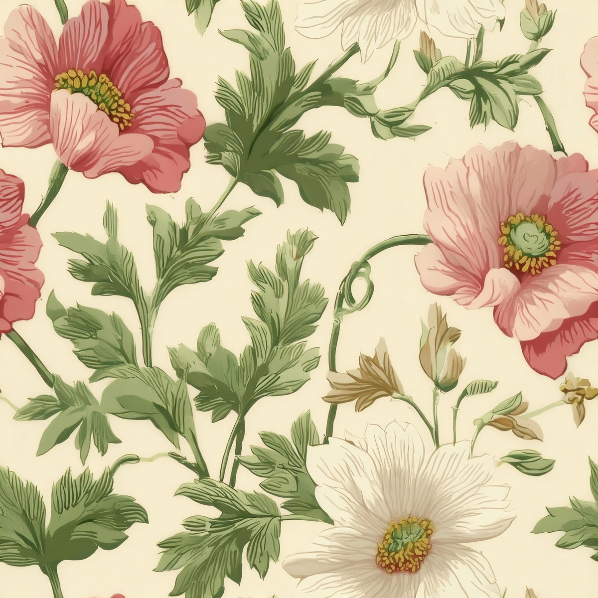 Cream Poppy large scale wallpaper pattern repeat