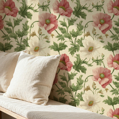 Cream Poppy large scale wallpaper in a styled room