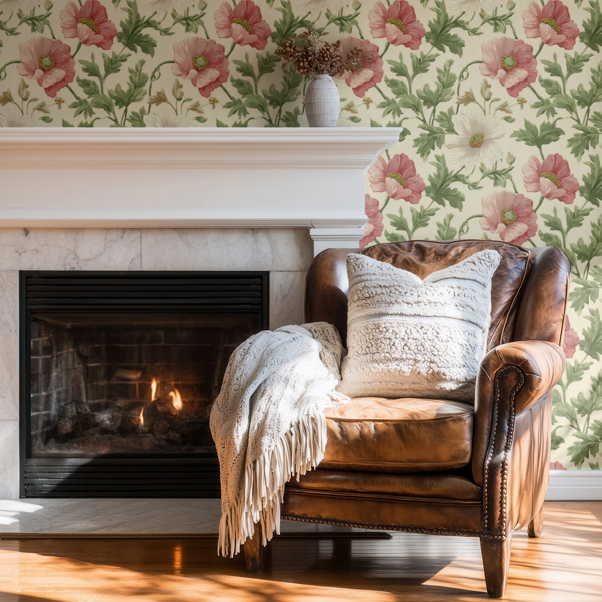 Cream Poppy large scale wallpaper in a styled room