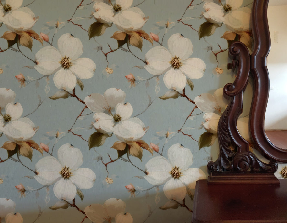 Creamy Dogwood large scale wallpaper in a styled room